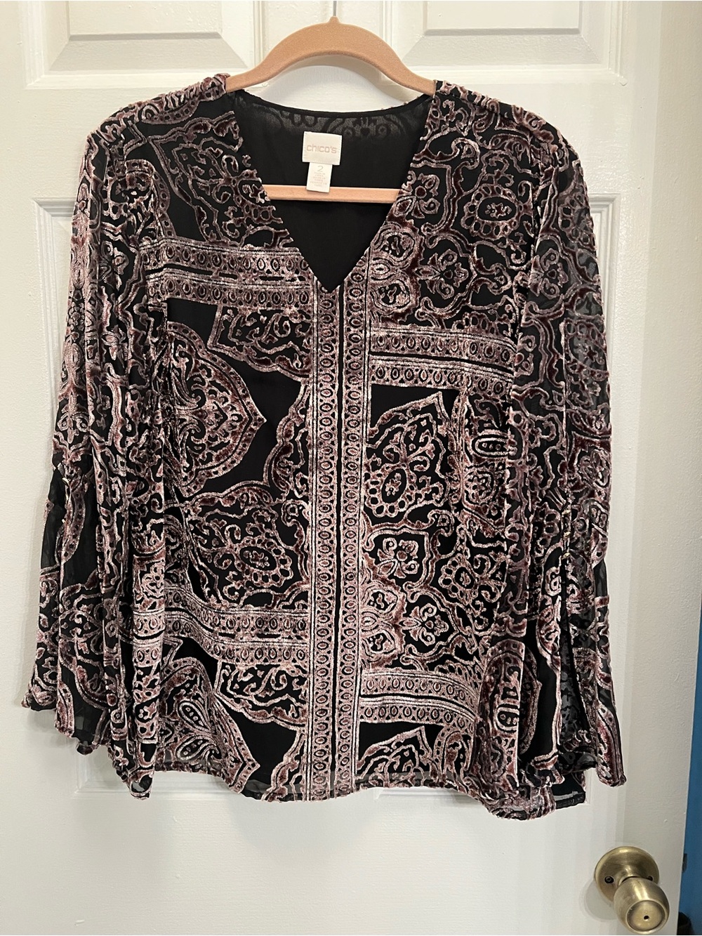 Chico's Black and Blush-Pink Velvet Burnout V-Neck Tunic